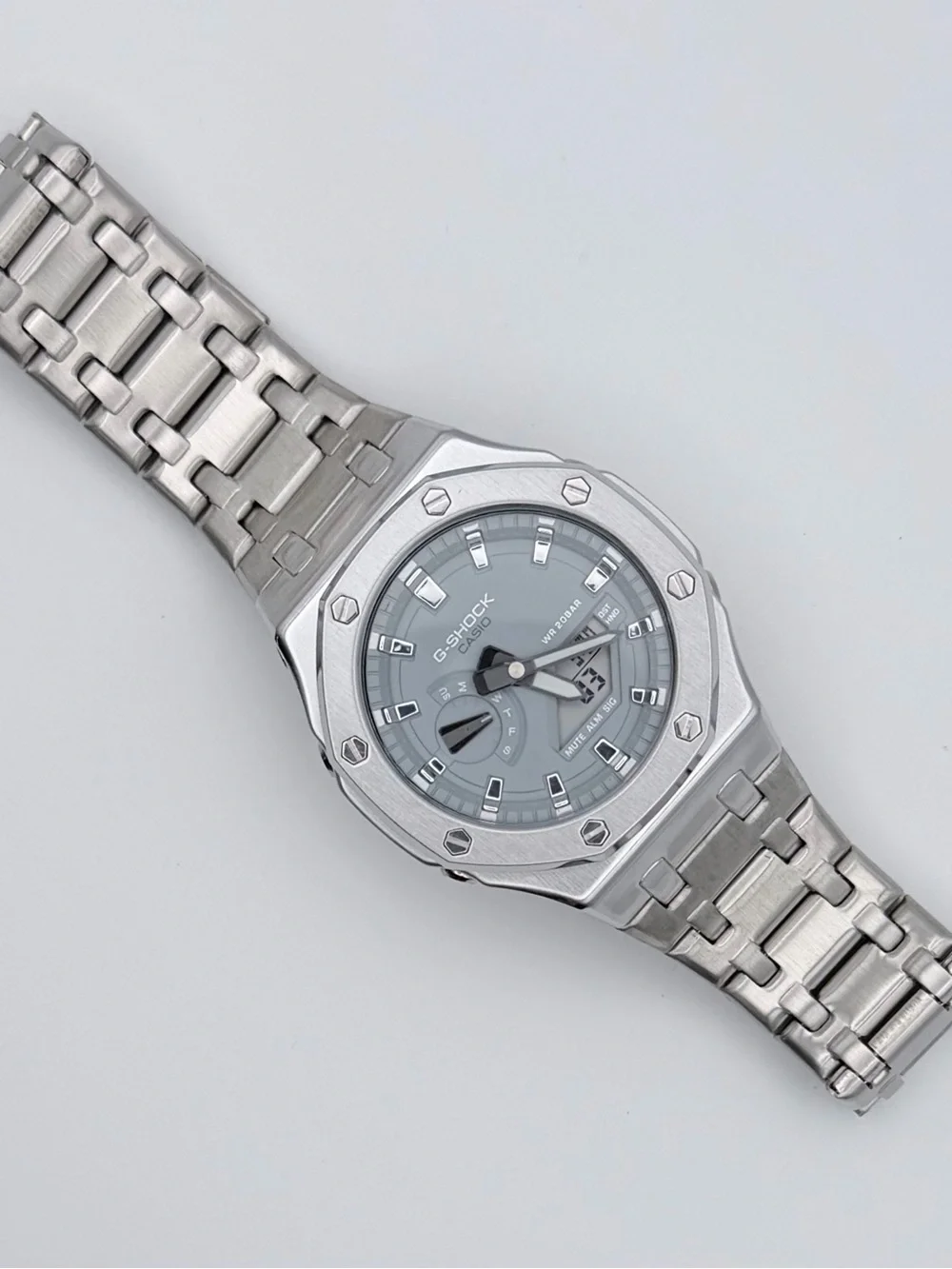Custom Modded G-Shock Silver and Gray Octagonal Metal Watch